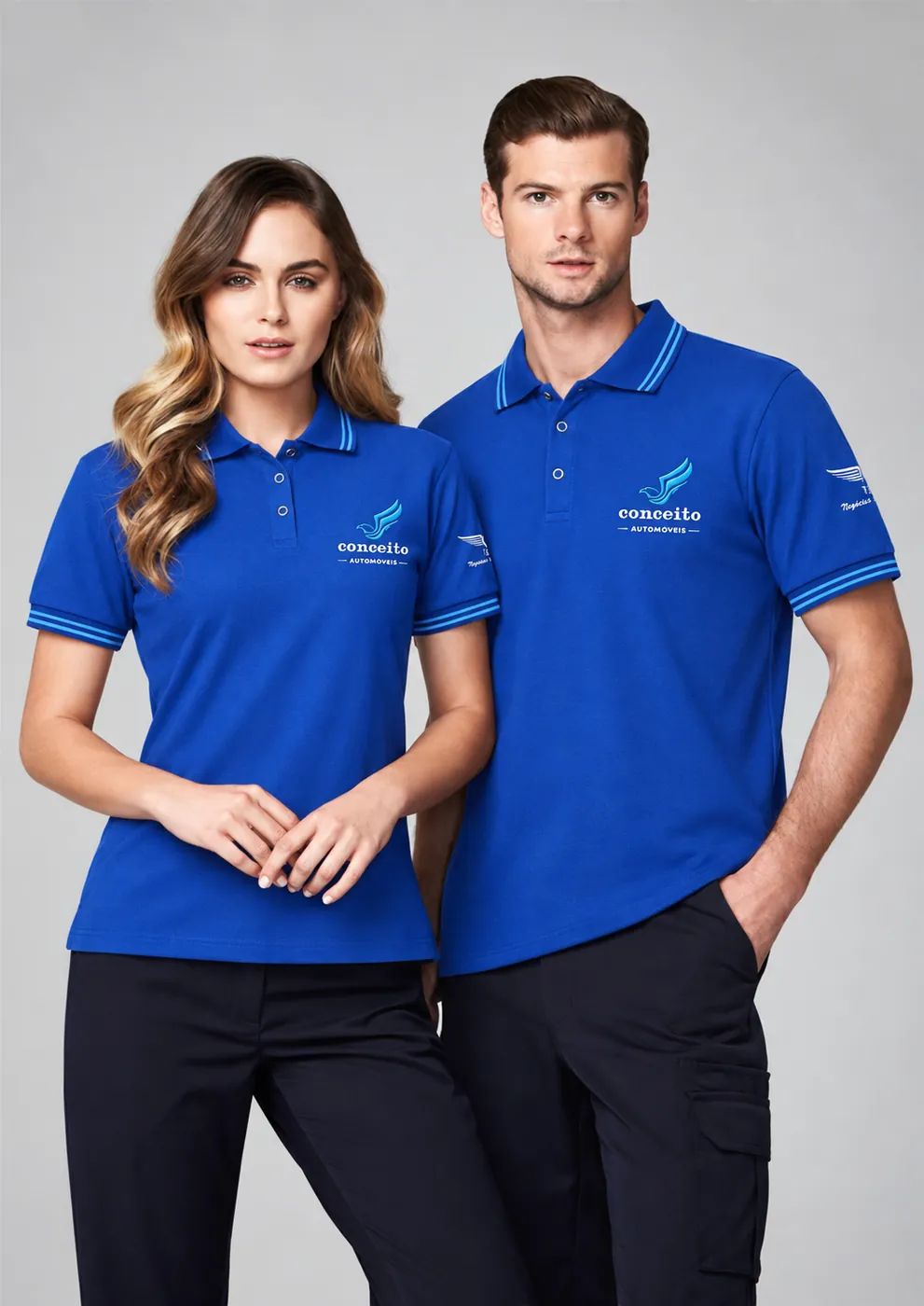 Camisas polo azuis bordadas da Conceito Automóveis