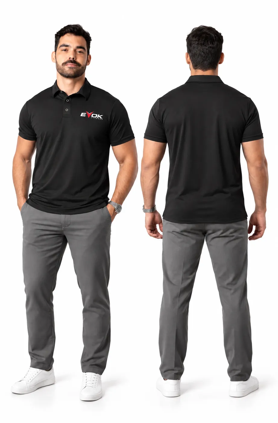 Camisa polo preta personalizada com a logo da Evok Fitness no peito, mostrada de frente e de costas