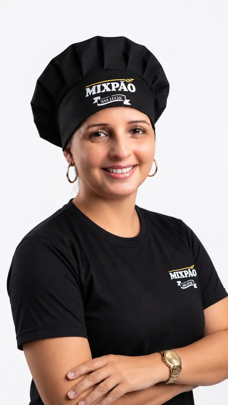 Mulher sorridente com touca de chef preta e camiseta preta personalizadas da padaria Mixpão